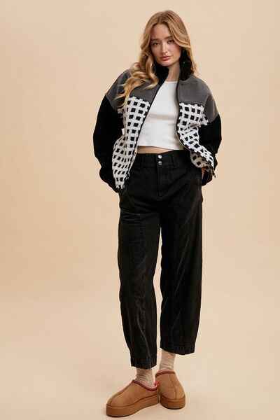 Annie Wear Plaid Zip Up Drop Shoulder Sherpa Jacket - Damned Threads
